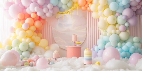 The backdrop composition has a white background with pastel rainbow colored matte balloons arching and fulfilled with clouds and small colorful mushrooms at the center.
