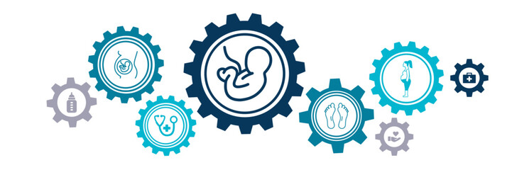 Obstetrics / gynecology vector illustration. Concept with icons related to prenatal diagnostic medical exam, pregnancy & maternity health care, childbirth / delivery preparation, midwifery.