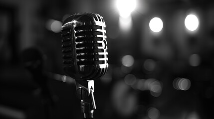 Close up a microphone studio equipment in monochrome black and white colors. AI generated image