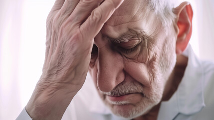 Anxious Old Man Dragging His Head with One Hand, Frowning: Portrayal of Loneliness and Helplessness, Possibly Alzheimer's.
