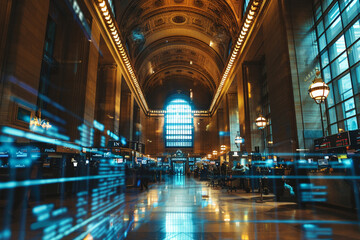 The interior of a room in a brokerage or securities building, showcasing the bustling atmosphere of the stock market and investment in securities 