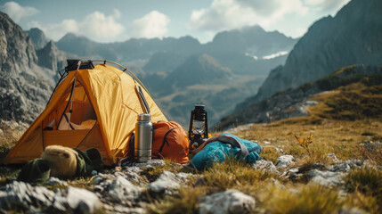 Close-up shot focuses on the essential gear for wilderness hiking and camping, featuring backpacks, sleeping bags, cooking stoves, and water bottles - Powered by Adobe