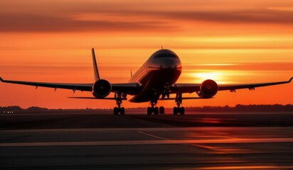 Fototapeta premium Airplane with four engines flying arrival landing on a runway in the evening during a bright red sunset
