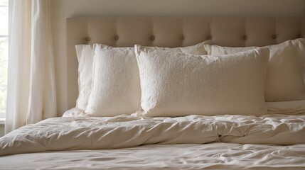 A low-angle shot of the bed with white pillows. Close up