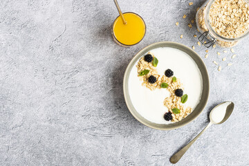 Healthy breakfast. Yogurt with oatmeal and blackberries. Copy space.