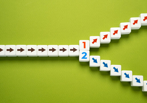 Choose from two route options. Choose the right path. The fork between success and failure. Choosing alternative options.