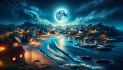 A coastal village illuminated by a full moon and streetlights, with houses lining the shore and boats in the water, creating a serene nighttime scene.