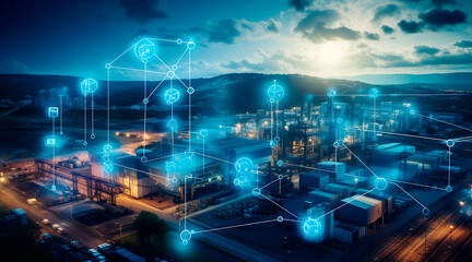 Obraz premium Modern industrial area aerial view and cloud computing concept. Communication network. INDUSTRY 4.0. Factory automation