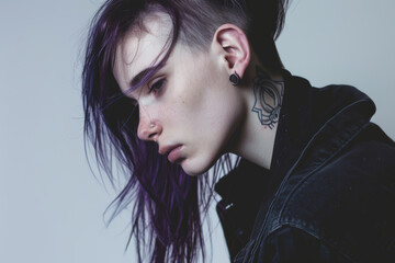 Pensive young person with shaved side hairstyle in studio setting during daytime