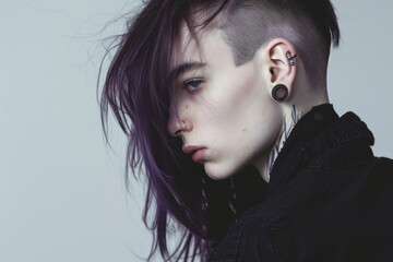 Pensive young person with shaved side hairstyle in studio setting during daytime