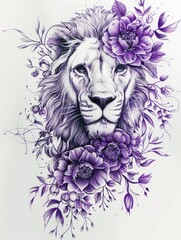 Sketch of a Lion Tattoo with flowers. The head of a lion in a flower ornament. Illustration for the Design