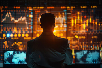 the man, investor, analyzes the securities market Projector Screen Shows Graphs,view back 