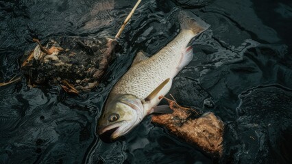 Obraz premium Dead fish on the river. dark water water pollution