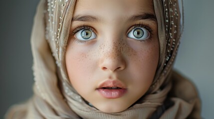 A young girl with striking green eyes and freckles, wearing a beige hijab, looking forward with an expression of awe and curiosity.