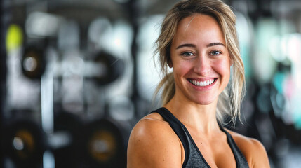 Obraz premium A smiling woman in sportswear stands against the backdrop of a fitness club. Person after training in a Gym 