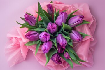 Bouquet of Tulips. Top View of Pink and Purple Tulips Wrapped in Paper Swirl on Green Background