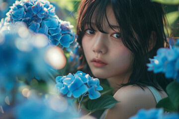 a Japanese girl in Hydrangea garden generated by AI