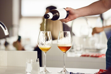 Pouring Beer From Bottle to Glass During Tasting, Close Up.