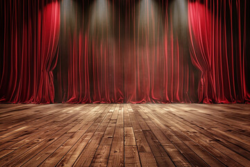 The red curtain on the stage and the wooden floor are realistic in a modern style Covers for theaters, operas, concerts and cinemas 