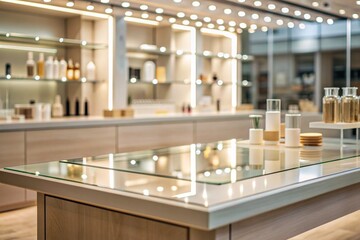 Minimalistic background for product demonstrations. A modern glass podium in a modern cosmetics store. Elegant design for the presentation of cosmetic products.