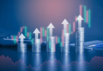 Upward Financial Growth of money coin stack. Graph, Up arrows and coins, symbolizing success in the...