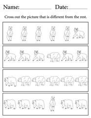 Bear Puzzle. Printable Activity Page for Kids. Educational Resources for School for Kids. Kids Activity Worksheet. Find the Different Object