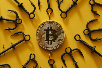 Bitcoin cryptocurrency scam or fraud. A bitcoin with fishing hooks. Online digital currency risk