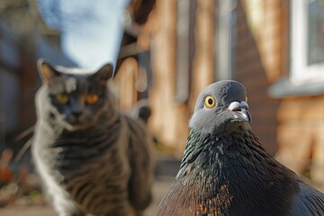 Portrait of a funny pigeon. Pigeon sitting and looking directly at the camera
