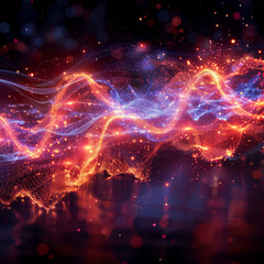 Abstract waves background, synth waves and light particles and dust on dark background, abstract concept inspired by technology and informatics