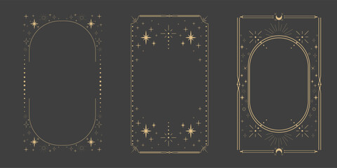 Golden celestial minimal esoteric frame, thin line border, mystyc linear decoration with dots, moon, stars corners isolated on dark background. Geometric shape, tarrot 