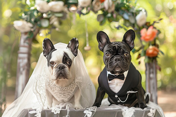 a French bulldog bride and groom generated by AI