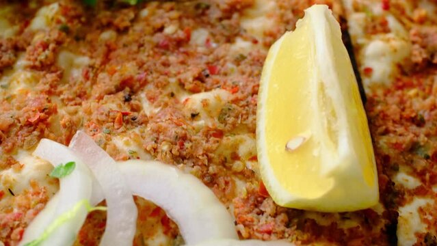 Turkish style minced meat lahmacun close-up