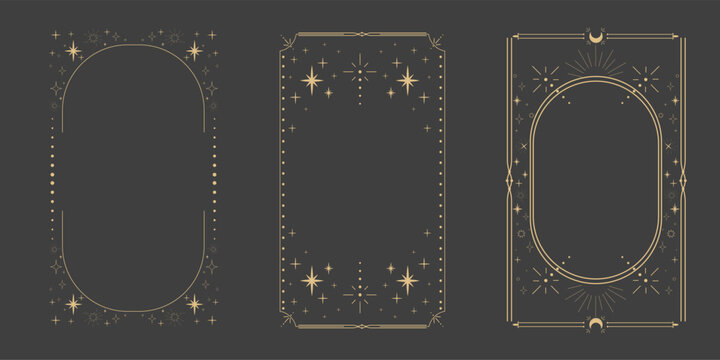 Golden celestial minimal esoteric frame, thin line border, mystyc linear decoration with dots, moon, stars corners isolated on dark background. Geometric shape, tarrot 