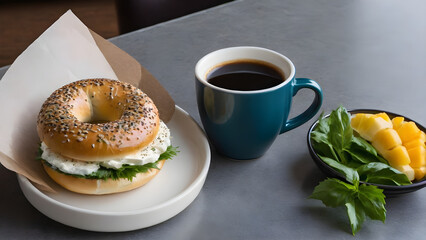 Bagels with cream cheese and cup of coffee, New York style breakfast with bagels, bagels, ai generated