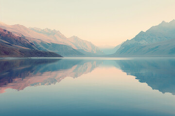 Fototapeta premium The serenity of a glassy lake is amplified by the soft, warm light of dawn illuminating a pristine mountain range 