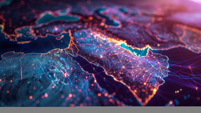 This abstract map of Saudi Arabia and the MENA region encapsulates the essence of global network and connectivity. It signifies the roles of data transfer, cyber technology