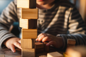 close up of a toddler building a tower with wooden blocks and playing games with montessori toys