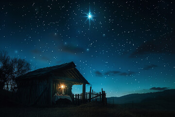 The star shines over the manger of Christmas of Jesus Christ Concept 