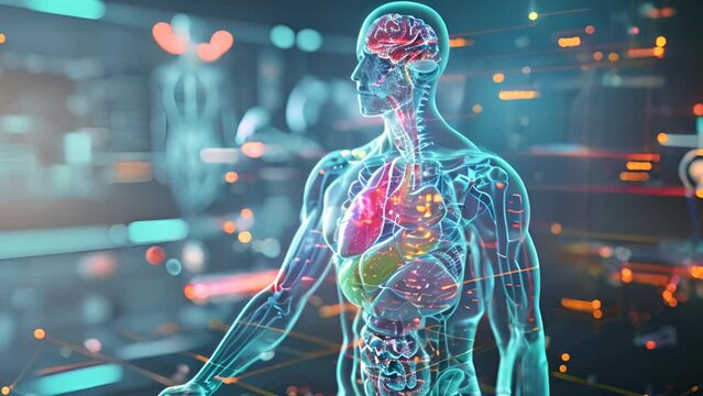 Half model of human torso with organs with 3D holograms. Medical concept, new technology