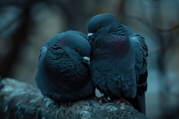 Two doves pigeons sit on a branch and hug, winter snow