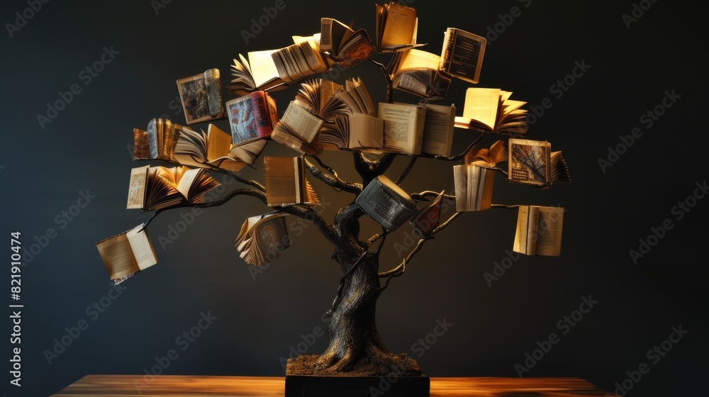 Poster an artistic sculpture of a tree made from open books illuminated under a spotlight in a darkened roo