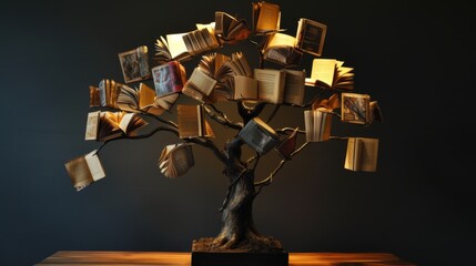 An artistic sculpture of a tree made from open books illuminated under a spotlight in a darkened room, creating a mystical ambiance.