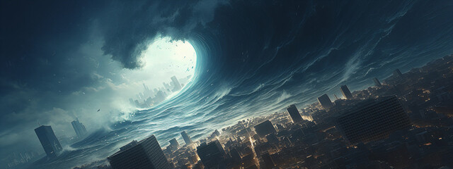 Huge tsunami wave destroying modern city. Great earthquake.  Effect of global warming and climate change. Weather and dangerous natural disaster concept. Illustration for background, banner, wallpaper