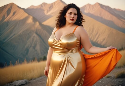 Zjawiskowa i zmysłowa modelka plus size w złotej sukni na tle g&oacute;rskiego pejzażu. Ciepła kolorystyka z nutą nostalgii