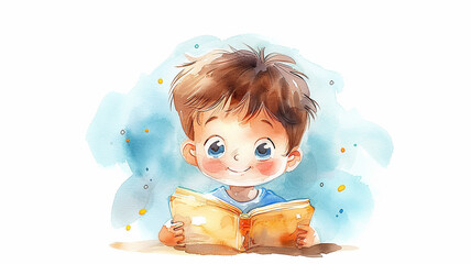 Obraz premium Funny boy with an open book, a child reading a book, drawing with watercolor paints