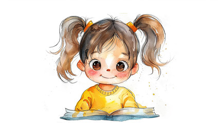 Obraz premium Funny girl with ponytails with an open book, a child reading a book, drawing in watercolor paints