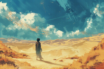 The wanderer stands and gazes at the sandy desert  - Powered by Adobe