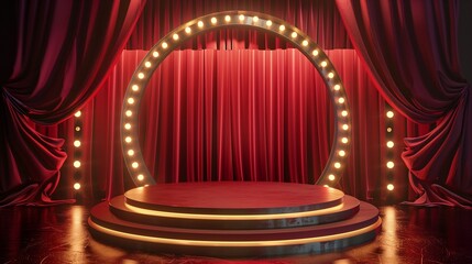 Bright carnival lights illuminating a circus stage with a striking red curtain and central 3D podium. 