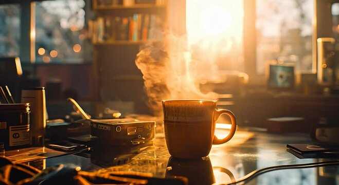  coffee mug with steam rising glitches and sunrays shining upon it, set over a glass table with gaming gear in the background. The scene is soft and romantic, akin to animated gifs and a sketchpad aes