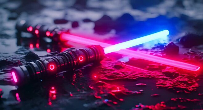 two lightsabers side by side first lightsaber is RGB and less powerful, while the second is a super bright and realistic Neopixel